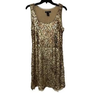 INC Gold Sequined Scoop Neck Tulle Lined Mini Dress Cocktail, Going Out, Party L